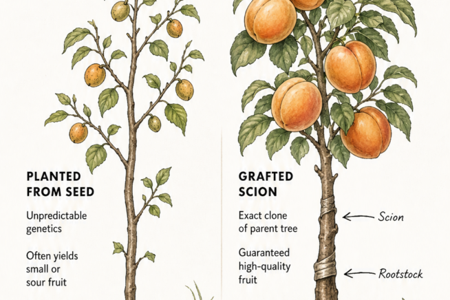 Illustration comparing an apricot tree grown from seed with unpredictable genetics to a grafted scion that guarantees high-quality fruit.
