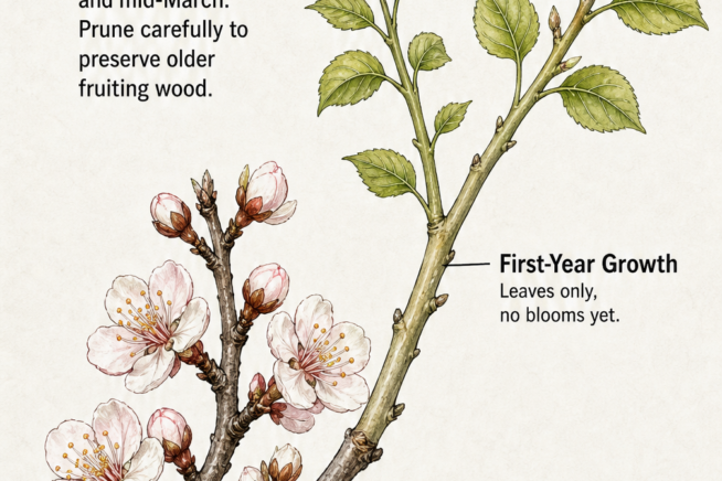 Botanical illustration of an apricot branch showing first-year growth with leaves and second-year wood with flowers