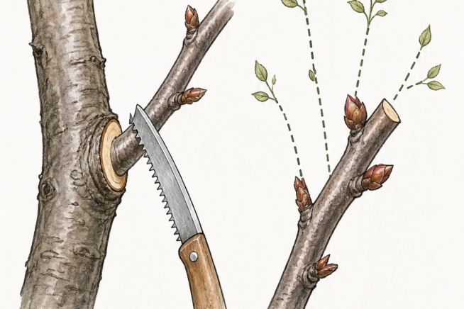 Illustration showing the difference between a thinning cut and a heading cut on an apricot tree branch.