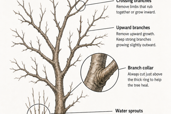Diagram of an apricot tree showing where to prune crossing branches, upward branches, branch collars, and water sprouts.