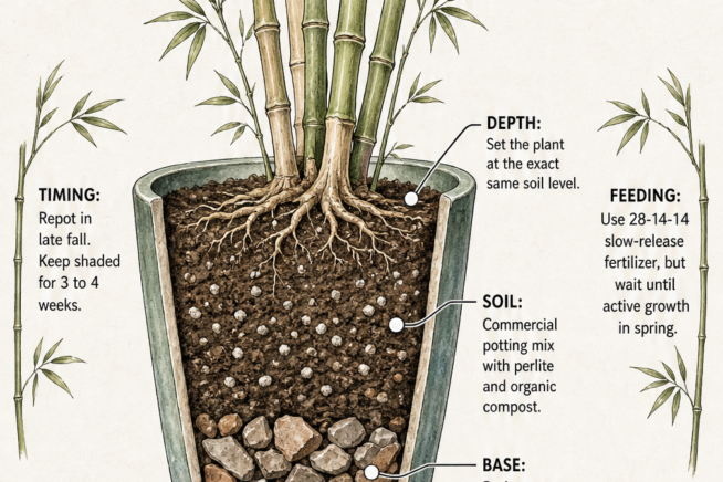 Cross-section drawing of a bamboo container showing drainage rocks, potting soil with perlite, and the exact planting depth.