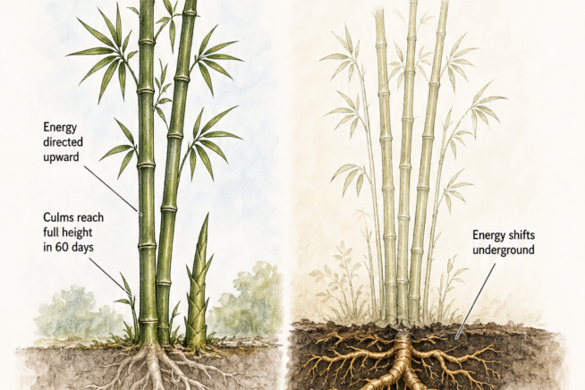 Illustration showing bamboo energy shifting from upward culm growth in spring to underground rhizome expansion in late summer