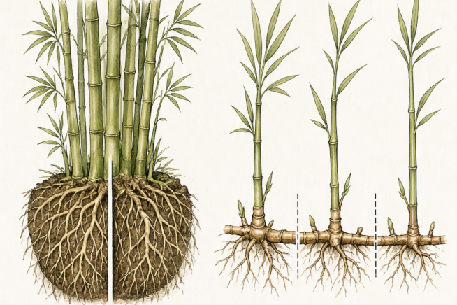 Illustration comparing clumping bamboo root mass division and running bamboo horizontal rhizome cutting for propagation.