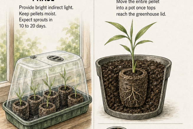 Illustration of bamboo seedling growth stages, showing the sprouting phase in a mini-greenhouse, transplanting, and a custom soil mix.