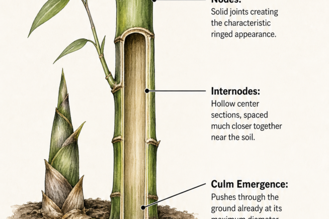 Botanical illustration of a bamboo stem showing nodes, internodes, and cellular growth