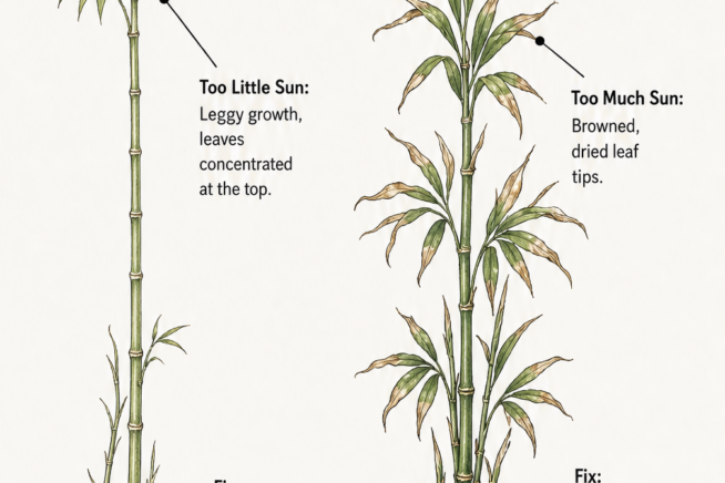 Botanical drawing illustrating bamboo symptoms of too much and too little sun