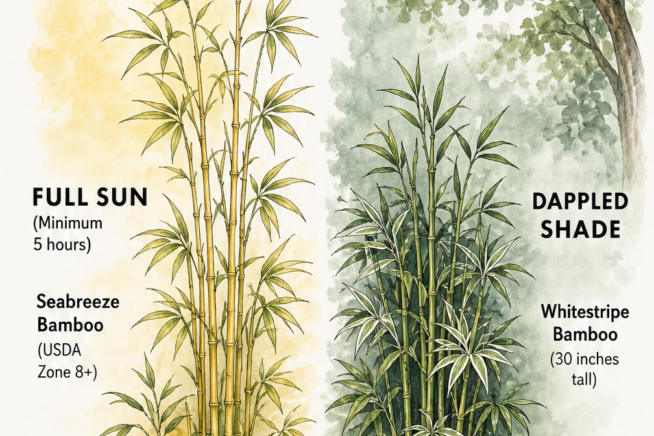 Botanical illustration showing bamboo varieties suited for full sun and dappled shade