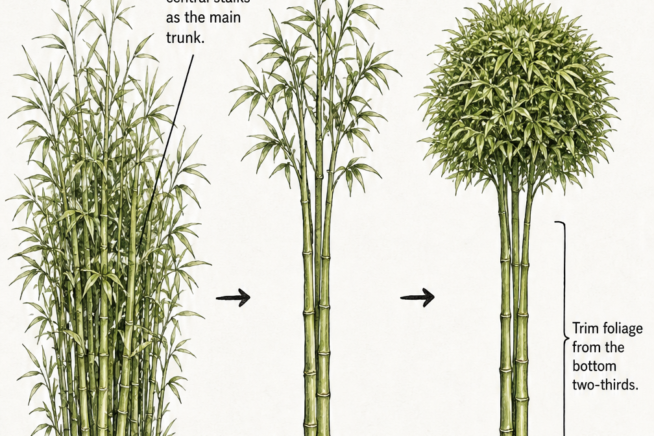 Three step botanical illustration showing how to prune a wild bamboo clump into a topiary shape by selecting central stalks and trimming lower foliage.
