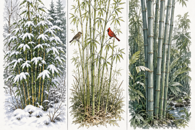 Botanical illustration showing cold-hardy, native US, and tropical bamboo varieties with their growing zones and climate requirements