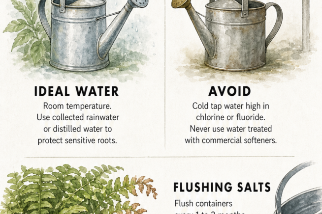 Illustration comparing ideal water types for Boston ferns and demonstrating how to flush mineral salts from the soil.