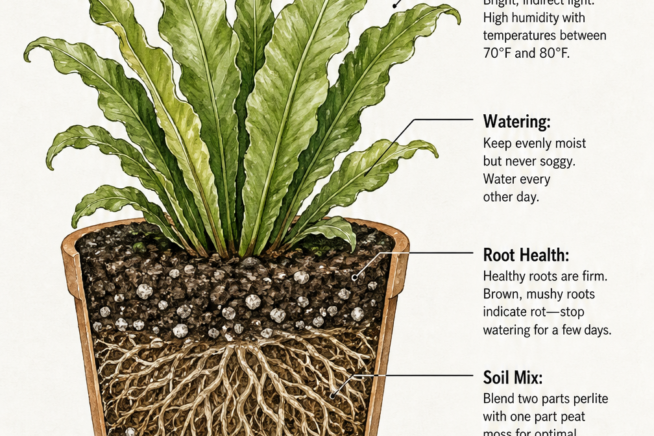 Cross-section illustration of a potted bird's nest fern showing root health, soil mix, and watering needs.