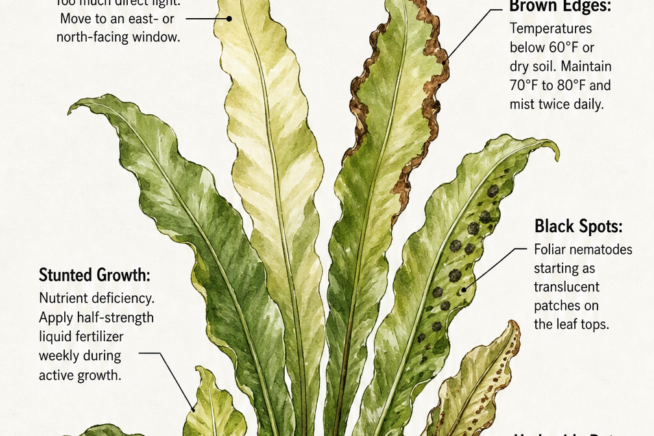 Botanical illustration showing common bird's nest fern symptoms like pale leaves, brown edges, and black spots with their causes.
