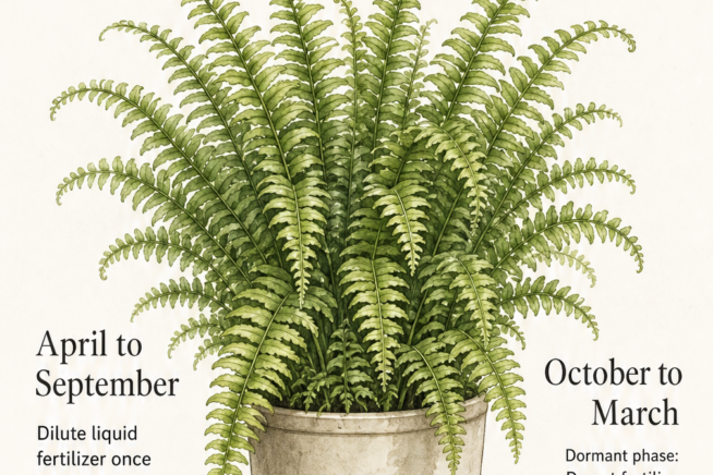 Botanical illustration of a Boston fern showing the feeding cycle from April to September and the dormant phase from October to March.