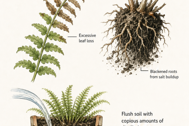 Illustration of a damaged Boston fern frond and blackened roots from salt buildup, alongside a cross-section of a pot being flushed with distilled water.