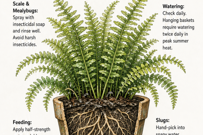 Cross-section illustration of a Boston fern showing fronds, roots, and soil, with tips for managing pests, watering, and feeding.