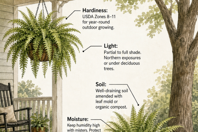 Illustration showing ideal placement for Boston ferns outdoors, including hanging on a porch and planted in a garden bed under a tree.