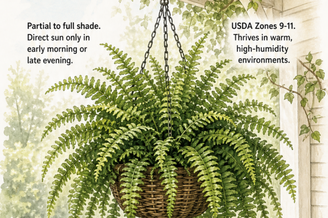 Botanical illustration of a Boston fern in a hanging basket under a patio roof, detailing shade, humidity, watering, and soil requirements.