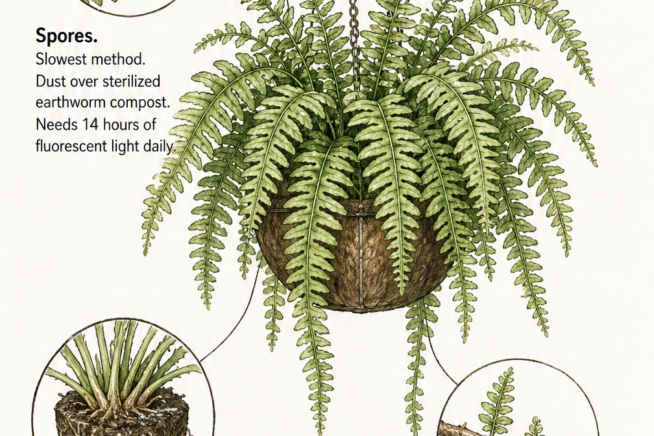 Botanical illustration showing three methods of Boston fern propagation: spores, crown division, and offsets.