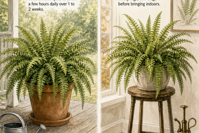 Illustration showing how to transition a Boston fern outdoors for summer and indoors for fall, highlighting acclimation and pest inspection.