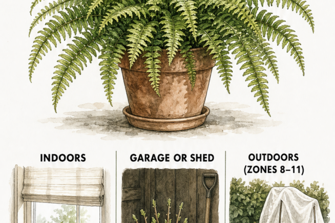 Illustration showing three ways to winter a Boston fern: indoors with bright indirect light, dormant in a garage, or outdoors with a frost cover.