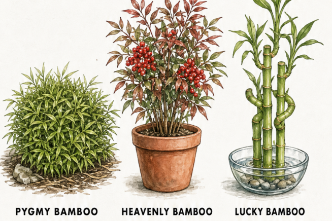 Botanical comparison of three bushy bamboo plant types: Pygmy Bamboo, Heavenly Bamboo in a terracotta pot, and Lucky Bamboo in a water dish.