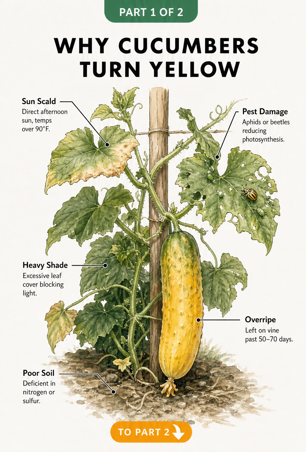 Botanical illustration showing causes of yellow cucumbers including sun scald, pest damage, heavy shade, overripe fruit, and poor soil.