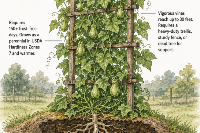 Cross-section illustration of a mature chayote vine growing on a sturdy trellis with a deep planting mound