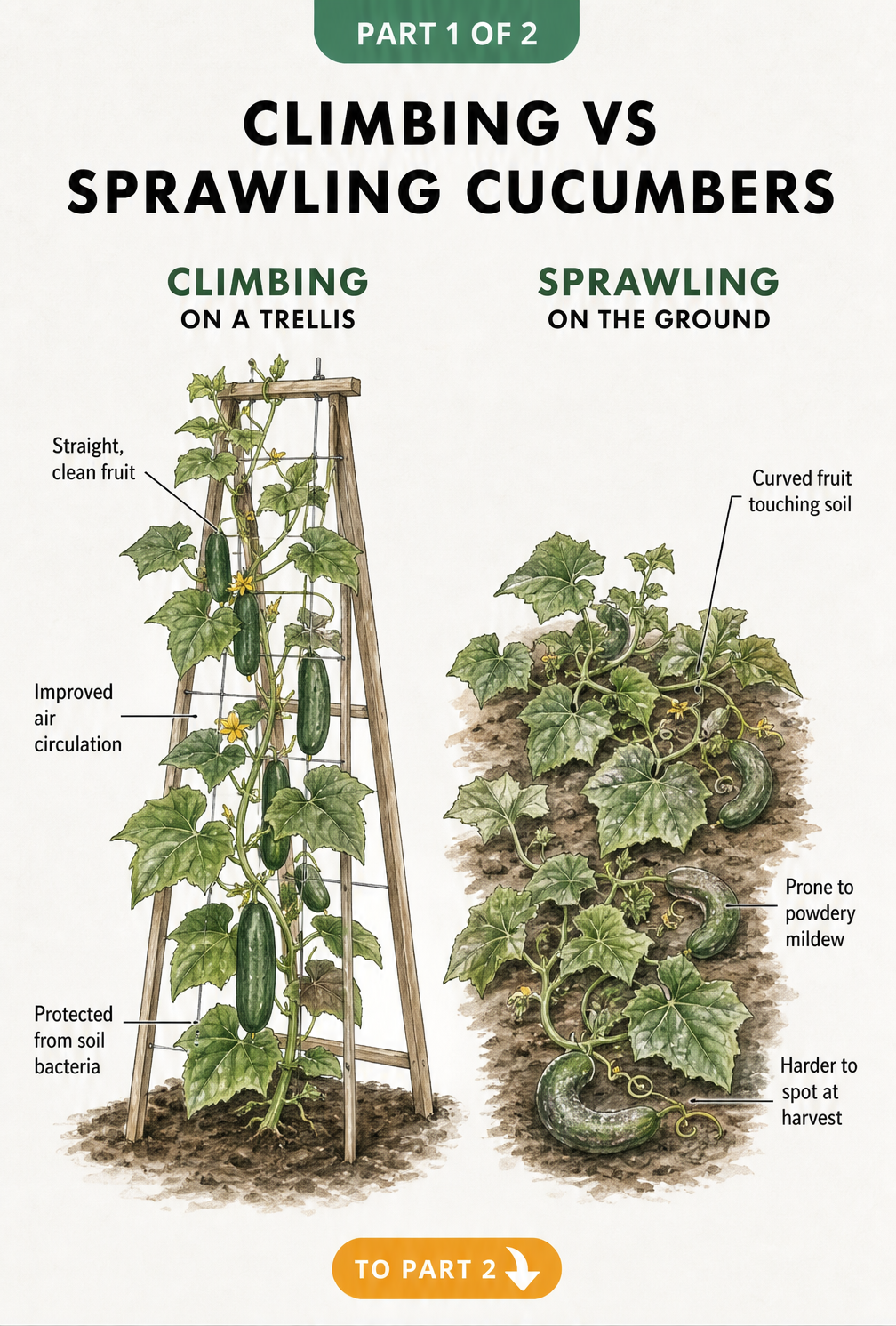 Botanical illustration comparing climbing cucumbers on an A-frame trellis with sprawling cucumbers on the ground.