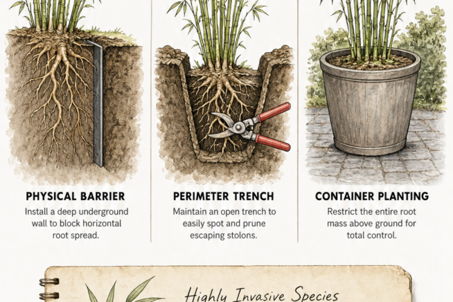 Detailed sketches showing three methods for containing invasive bamboo: physical barrier, perimeter trench, and container planting.