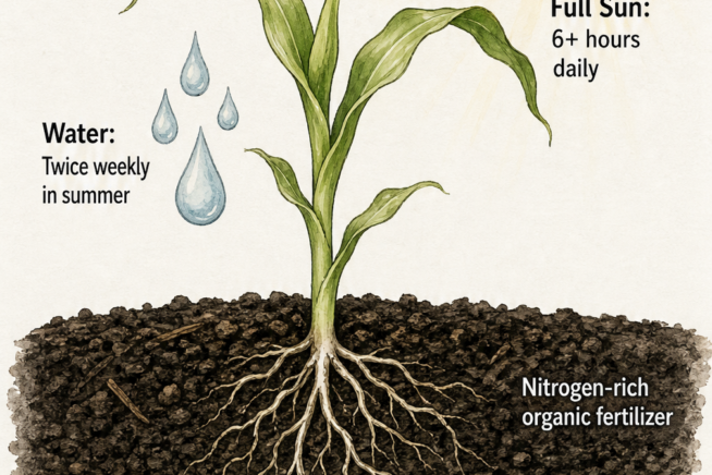 Botanical cross-section of a garden bed showing a young corn plant with roots in compost-amended soil and nitrogen-rich fertilizer, needing full sun and...