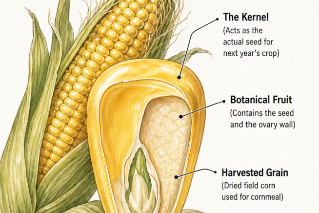 Botanical illustration showing the inside of a corn kernel and its classifications as a seed, fruit, grain, and vegetable.