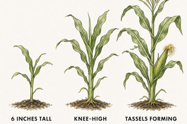 Illustration of a corn plant at three growth stages: seedling, knee-high, and tasseling, with specific care instructions for each phase.