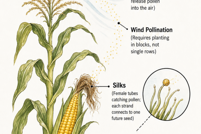 Illustration of a mature corn plant showing how wind carries pollen from the tassels down to the silks to produce seeds.