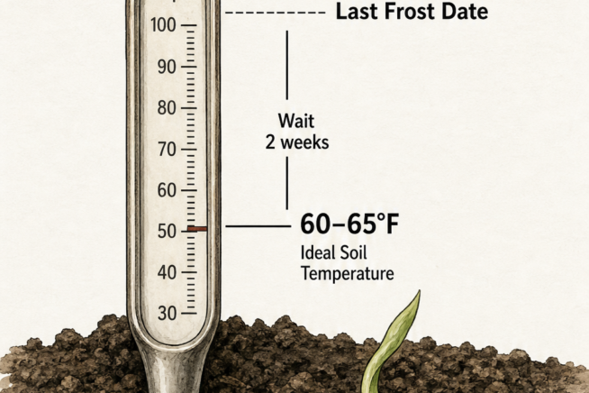 Illustration of a soil thermometer in dark earth next to a sprouted corn seed, showing ideal planting temperature at 60 to 65 degrees Fahrenheit.