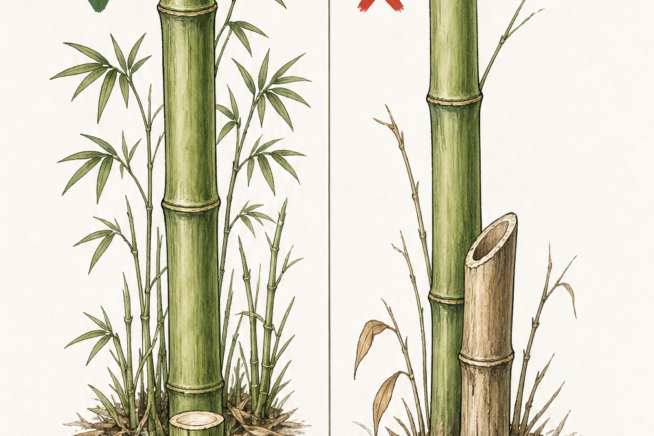 Illustration showing correct and incorrect ways to prune a bamboo culm, emphasizing a horizontal cut close to the ground.