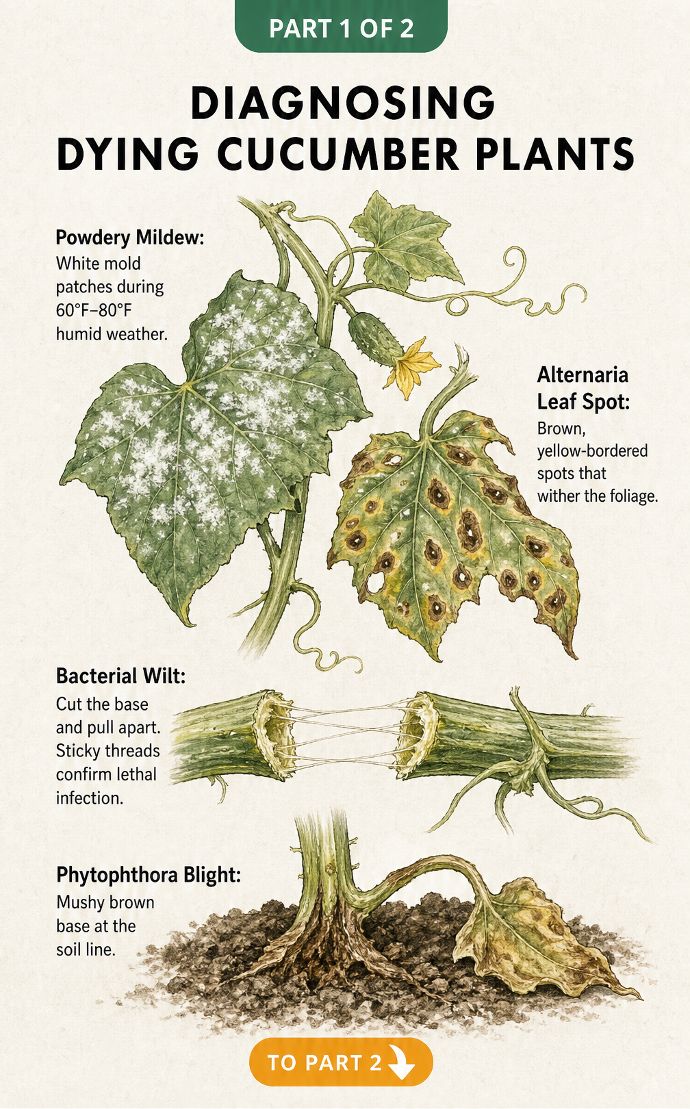 Botanical illustration showing four common cucumber diseases: powdery mildew, alternaria leaf spot, bacterial wilt, and phytophthora blight.