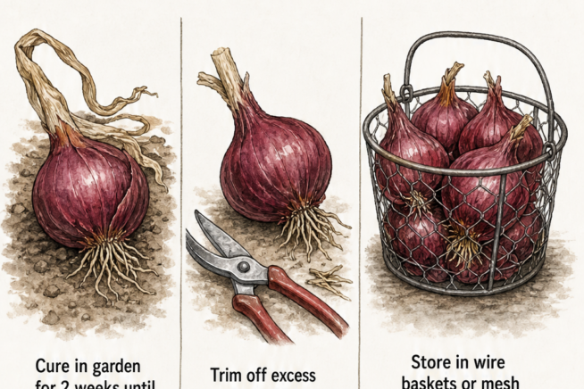 Illustration showing the three steps of curing and storing red onions: curing in the garden, trimming roots and stems, and storing in wire baskets.