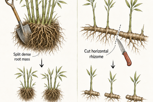 Botanical sketch comparing the division of clumping bamboo root masses and running bamboo rhizomes.