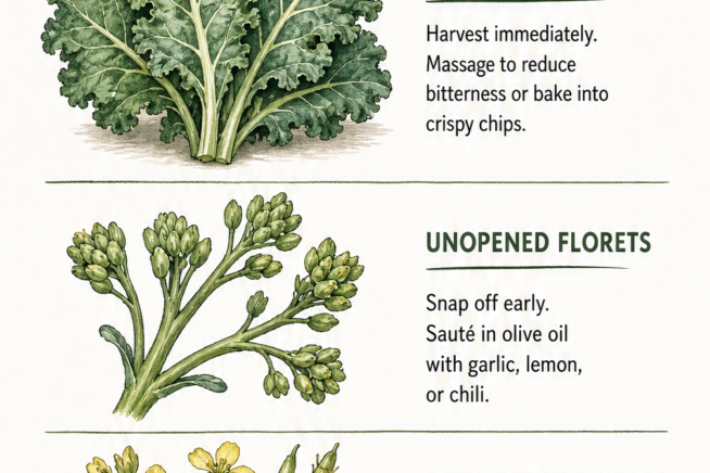 Illustration showing how to use mature kale leaves, unopened florets, and open yellow flowers with seed pods.