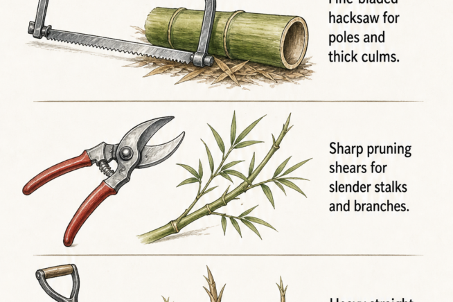 Sketch of three essential bamboo cutting tools: a hacksaw for poles, pruning shears for branches, and a heavy shovel for rhizomes.