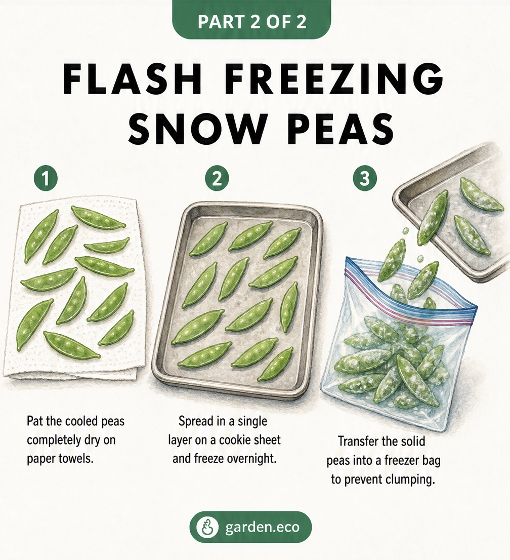 Hand-drawn illustration showing how to flash freeze snow peas by drying them on paper towels, spreading them on a cookie sheet, and transferring to a freezer...