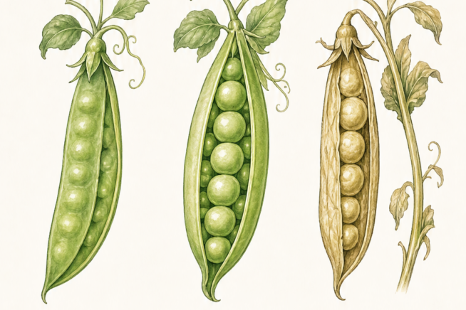 Illustration showing garden peas at three stages: too early with flat pods, perfect timing with plump pods, and too late with dry brown pods.