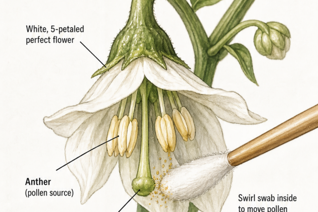 Cross-section of a white pepper flower showing the anther and stigma being hand-pollinated with a cotton swab.