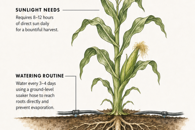 Botanical cross-section of a healthy corn plant showing sunlight needs, watering routine with a soaker hose, and the deep taproot structure.