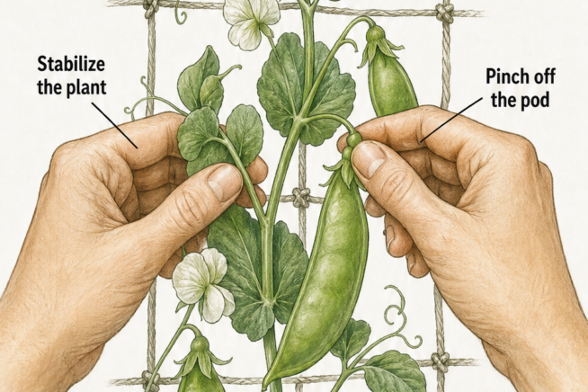Illustration demonstrating how to pick sugar snap peas using two hands to stabilize the plant and pinch off the pod.