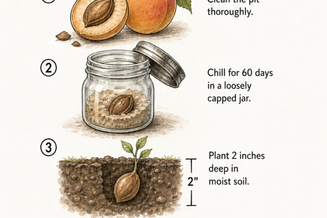 Four-step illustration showing how to plant an apricot seed: cleaning the pit, chilling for 60 days, planting 2 inches deep, and covering with wire mesh.