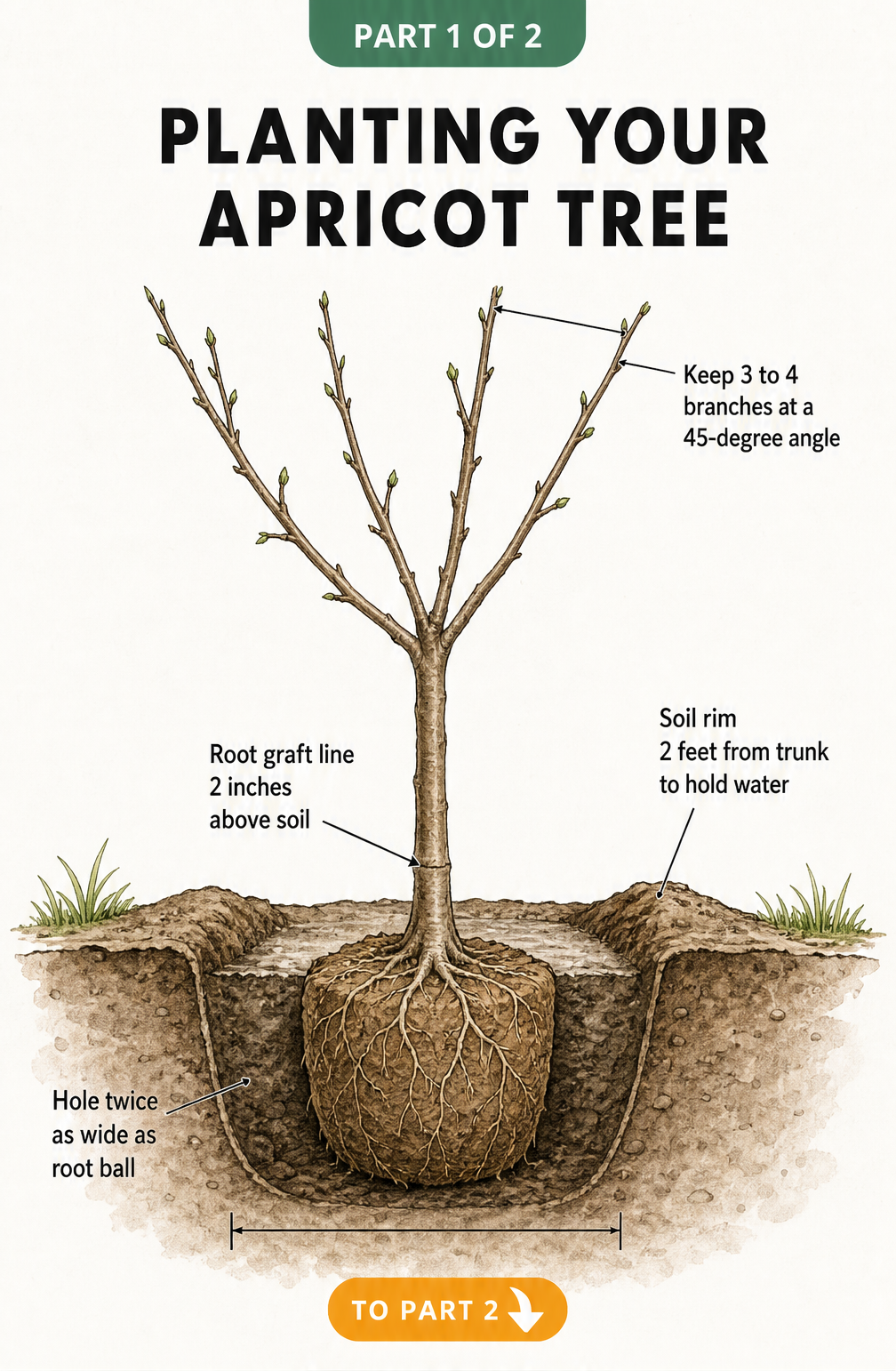 Botanical illustration showing how to plant a bare-root apricot tree, including root graft line placement, hole width, soil rim for watering, and branch...