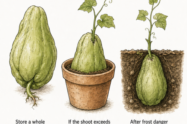 Illustration showing how to sprout a whole chayote fruit indoors and plant it in the garden