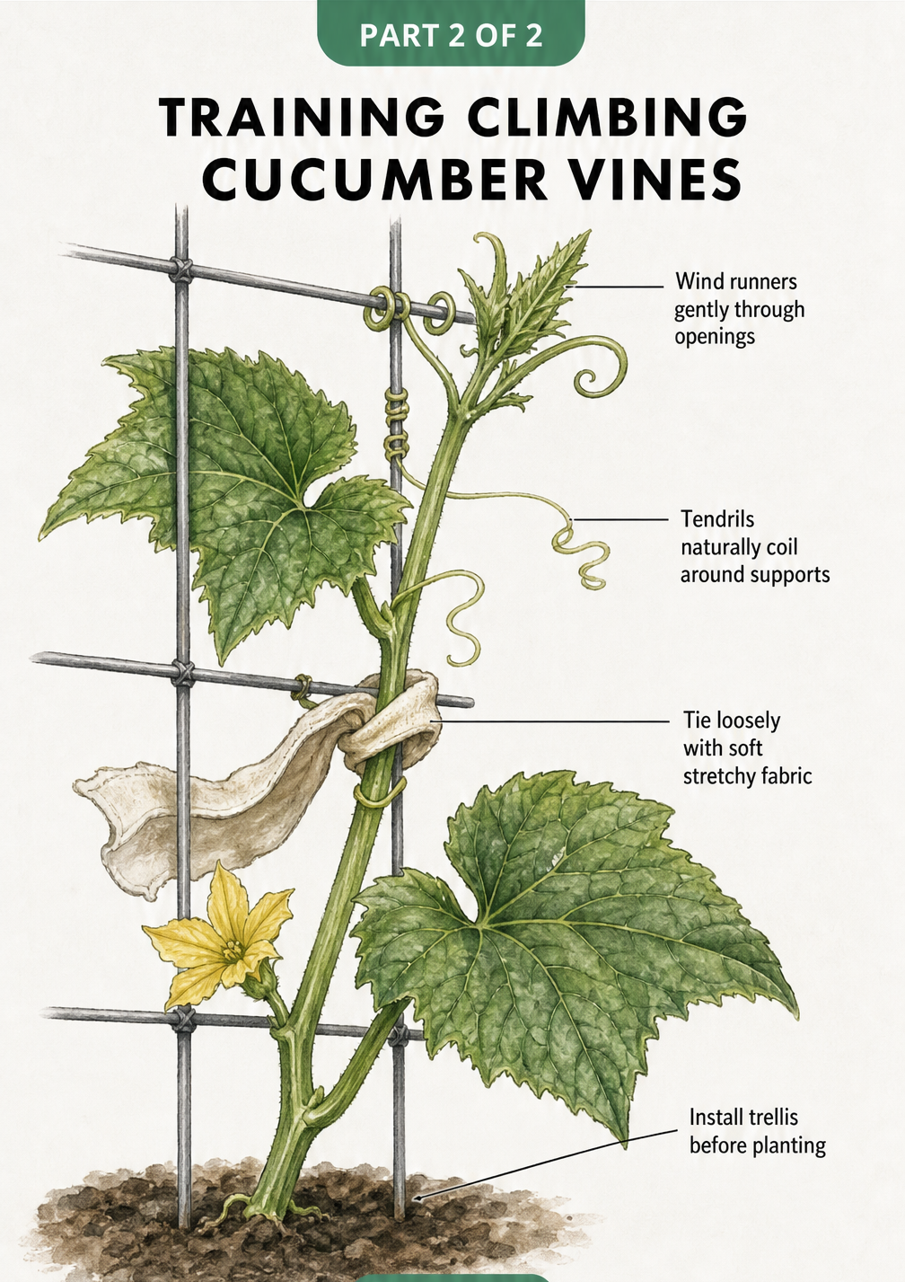 Detailed botanical illustration showing how to train a cucumber vine up a vertical wire trellis using soft fabric ties.