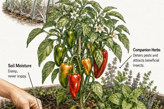 Illustration of a healthy pepper plant in a garden bed showing ideal conditions like climate control, proper soil moisture, and companion herbs.